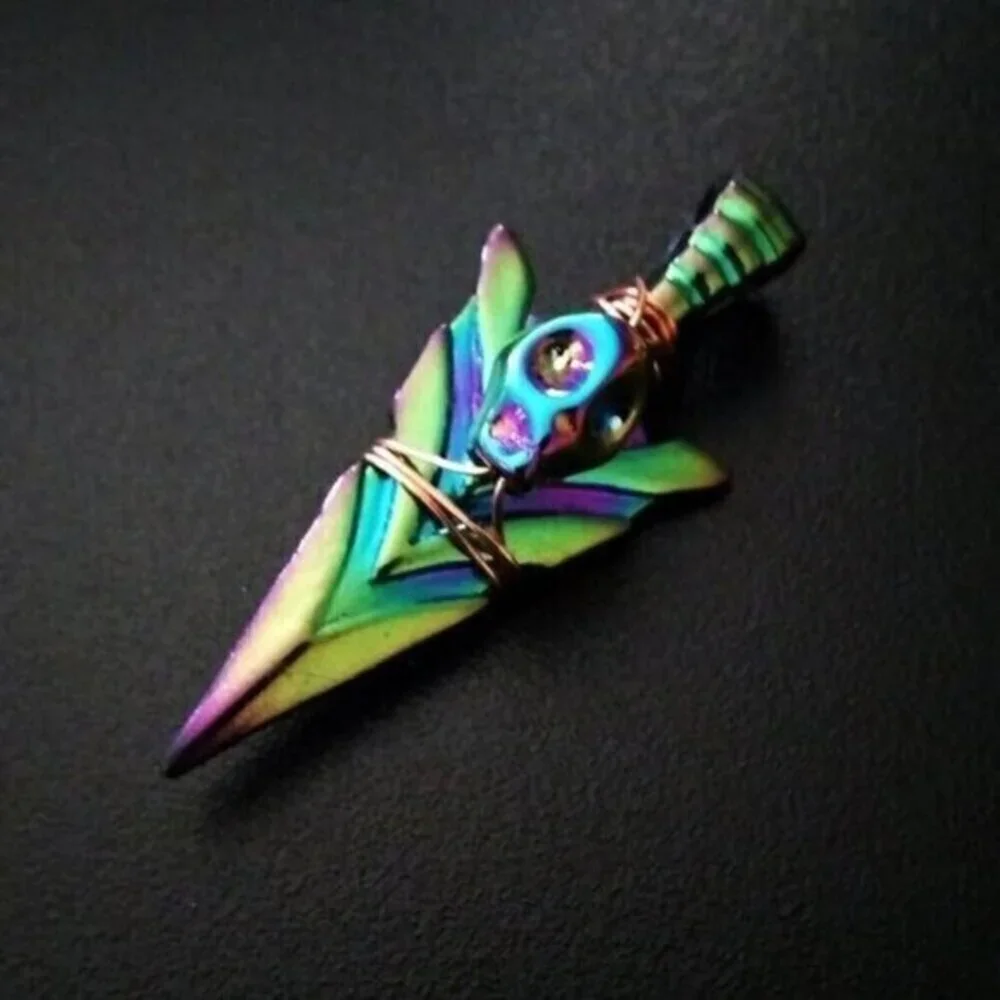 Electroplated Arrowhead + Skull Pendant - Peacock Colors - Spunky Energetic Vibe